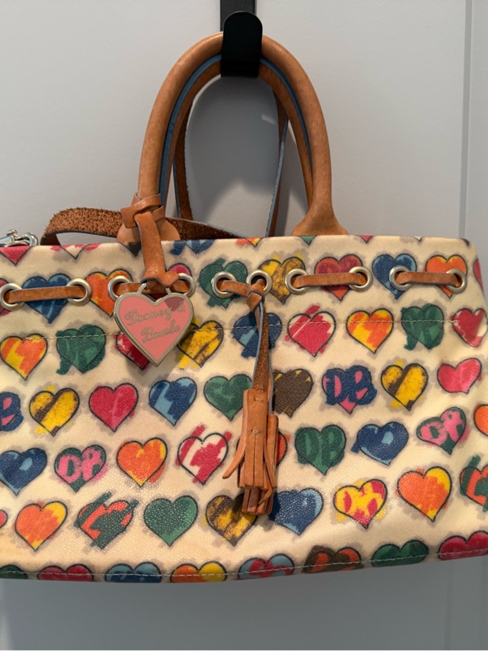 Dooney & Bourke Cream Multicolor Heart Print Tote with Tan Leather Trim
